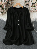 Lune Plus Size V Neck Shirt Blouse with Pockets, Casual Roll-Up Sleeve Design, Comfortable Daily Wear Top for Women