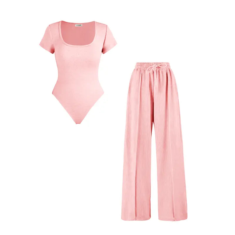 Women's Trendy Square Neck Shaping Bodysuit & High Waist Wide Leg Pockets Trousers Co-ord,Short Sleeve Shapewear,Two-Piece Outfit for Womenswear