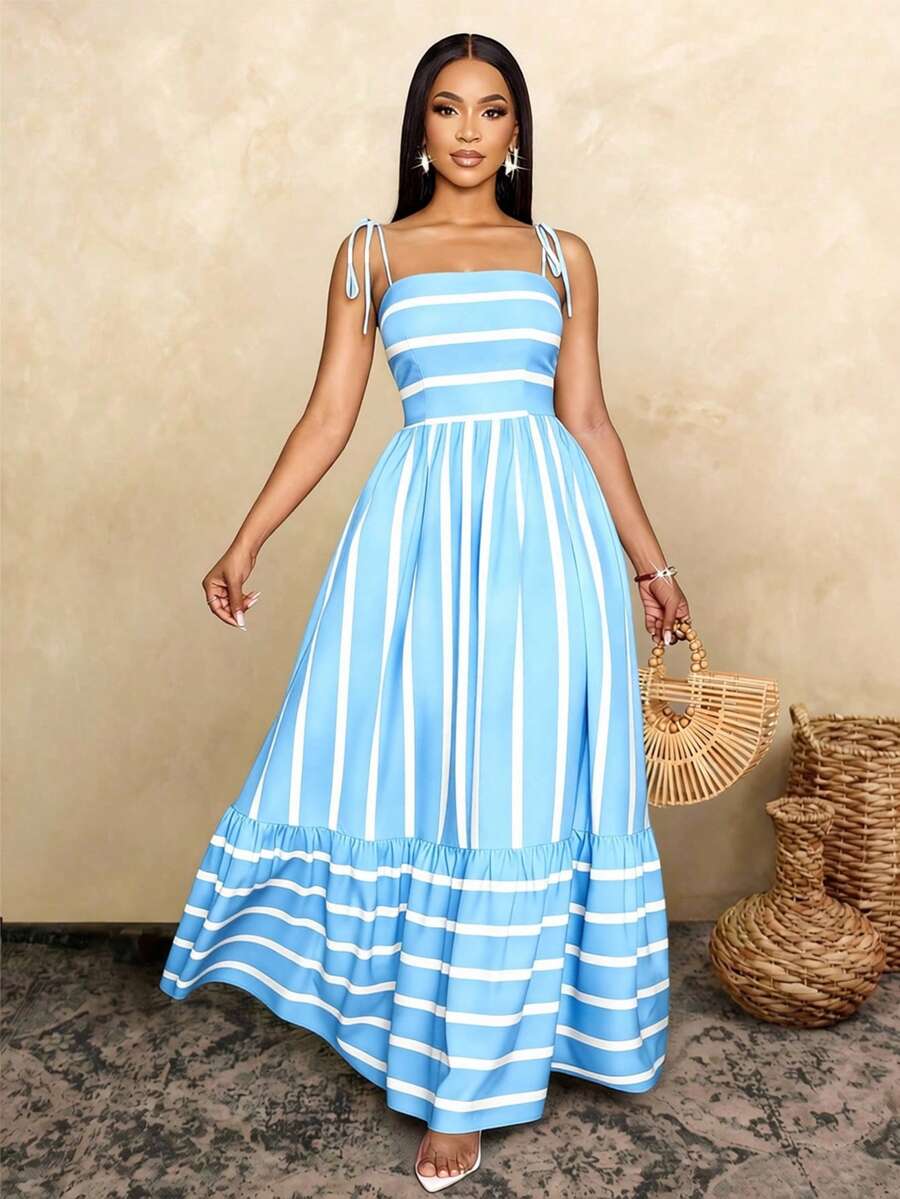 Women's Blue And White Stripe Flowing Maxi Dress,Summer Elegant Holiday Tea Party Holiday,Shoulder Straps Chest Gathering,Beach Casual Gown