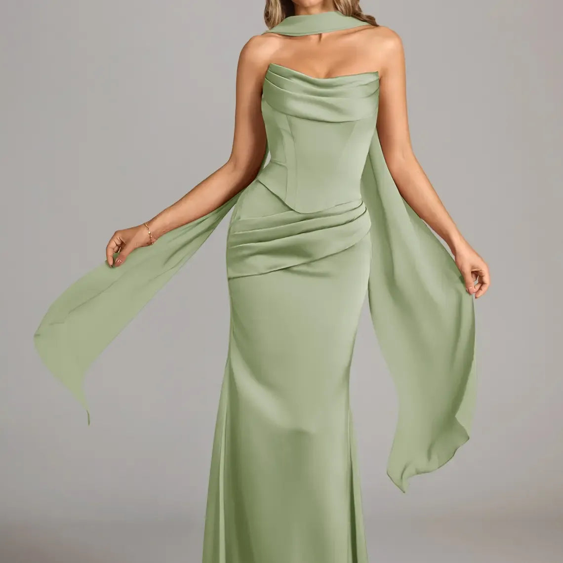 Azazie Sorrel Corset Lace-up Mermaid Wedding Guest Evening Luminous Satin Maxi Dress Minimalist