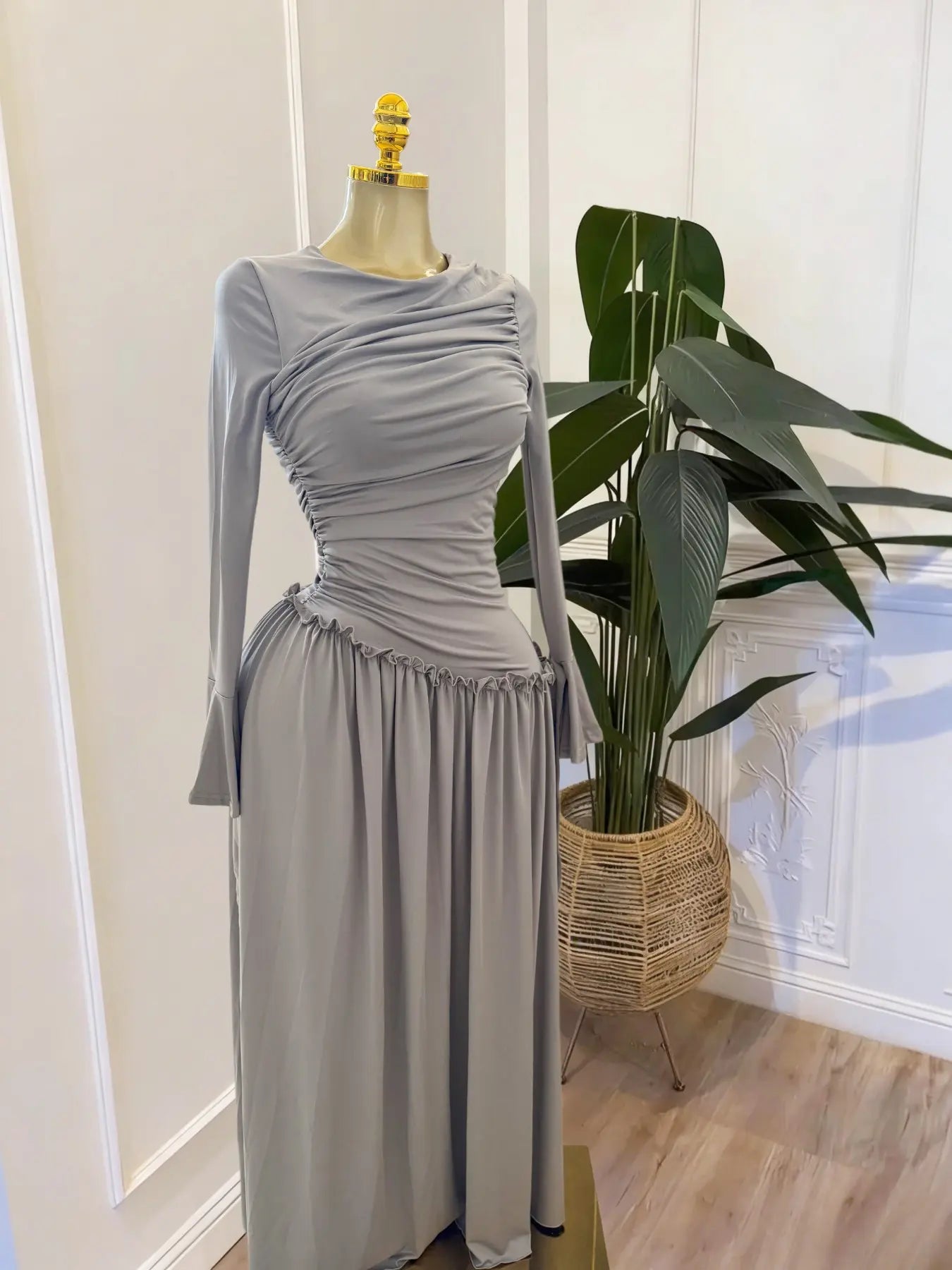 Elegant Chic Women's Long Sleeve O-Neck Big Swing Maxi Dress Woven, Fall & Winter Wear, Sweet Holiday Birthday Party Sexy Dress, Casual Style