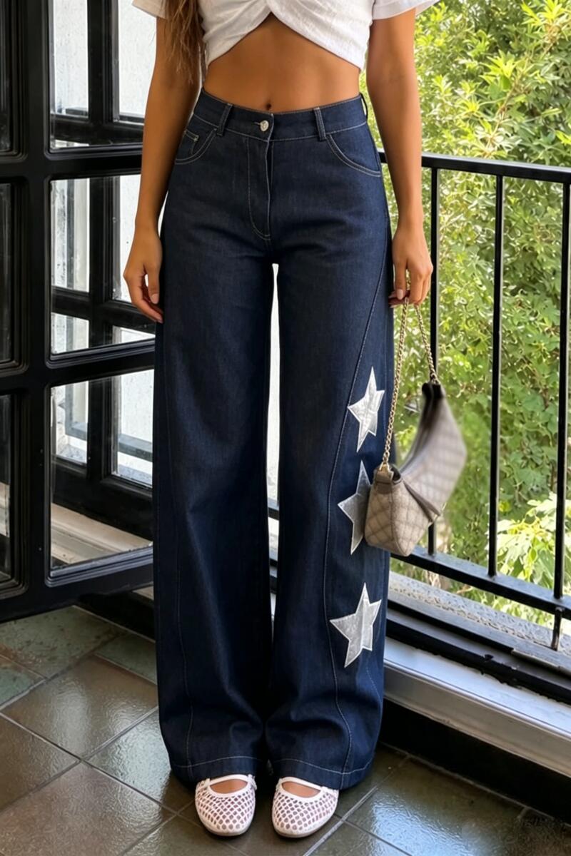 Women Star Printed Casual Wide Leg Jeans
