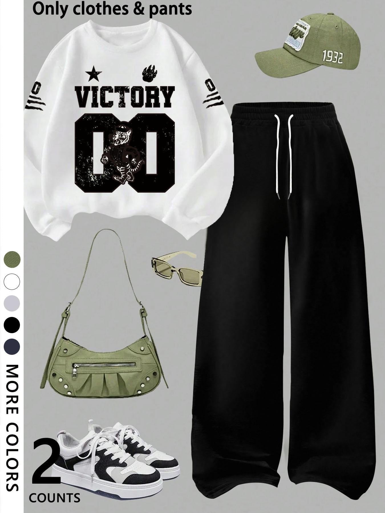 Girls' casual cool Graphic pattern print round neck pullover sweatshirt top and loose casual wide-leg pants, military green fashion dress, suitable for daily and going out