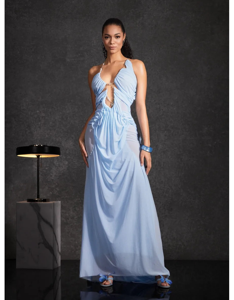 Daiki Halterneck Ruched Maxi Dress In Champagne