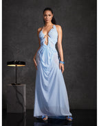 Daiki Halterneck Ruched Maxi Dress In Champagne