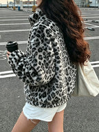 Thick Plush Leopard Print Fashion Retro Casual Long Sleeve Zipper Cardigan, High Neck Jacket, Unisex, Couples Wear, Winter Essential