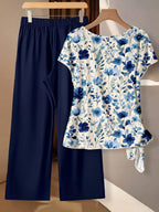 2pcs Women's Casual Bohemian Purple Floral Shirt & Pants Set,Summer Boho Vacation Outfit, Retro Beach Resort,Perfect For Wedding Guest Party