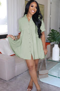 Plain Short Sleeve Button Up Loose Fit Blouse Mini Dresses-White