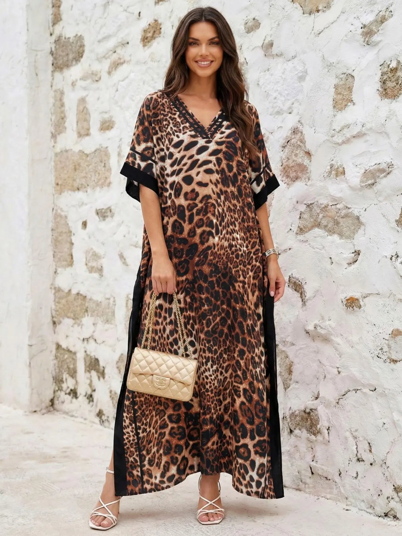 EDOLYNSA Leopard kaftans for woman caftan beach printing Moo Moo Dress casual cover up Bohemian daily wear Soft Homewear vacation party long dress lounge wear Q1615