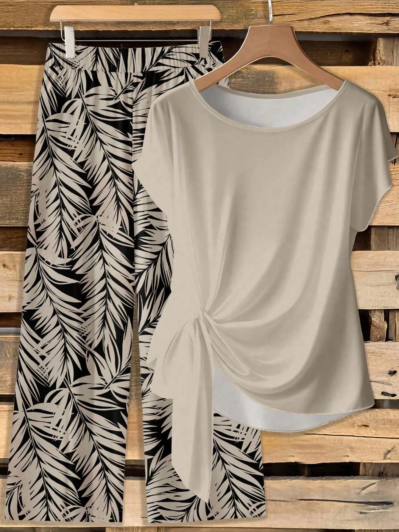 Women's 2 Pieces Set,Orange And White Plants Pattern Twist Tee & Long Pants,Summer Boho Holiday Vacation Holiday Beach Festival Outfit Woven Fabric
