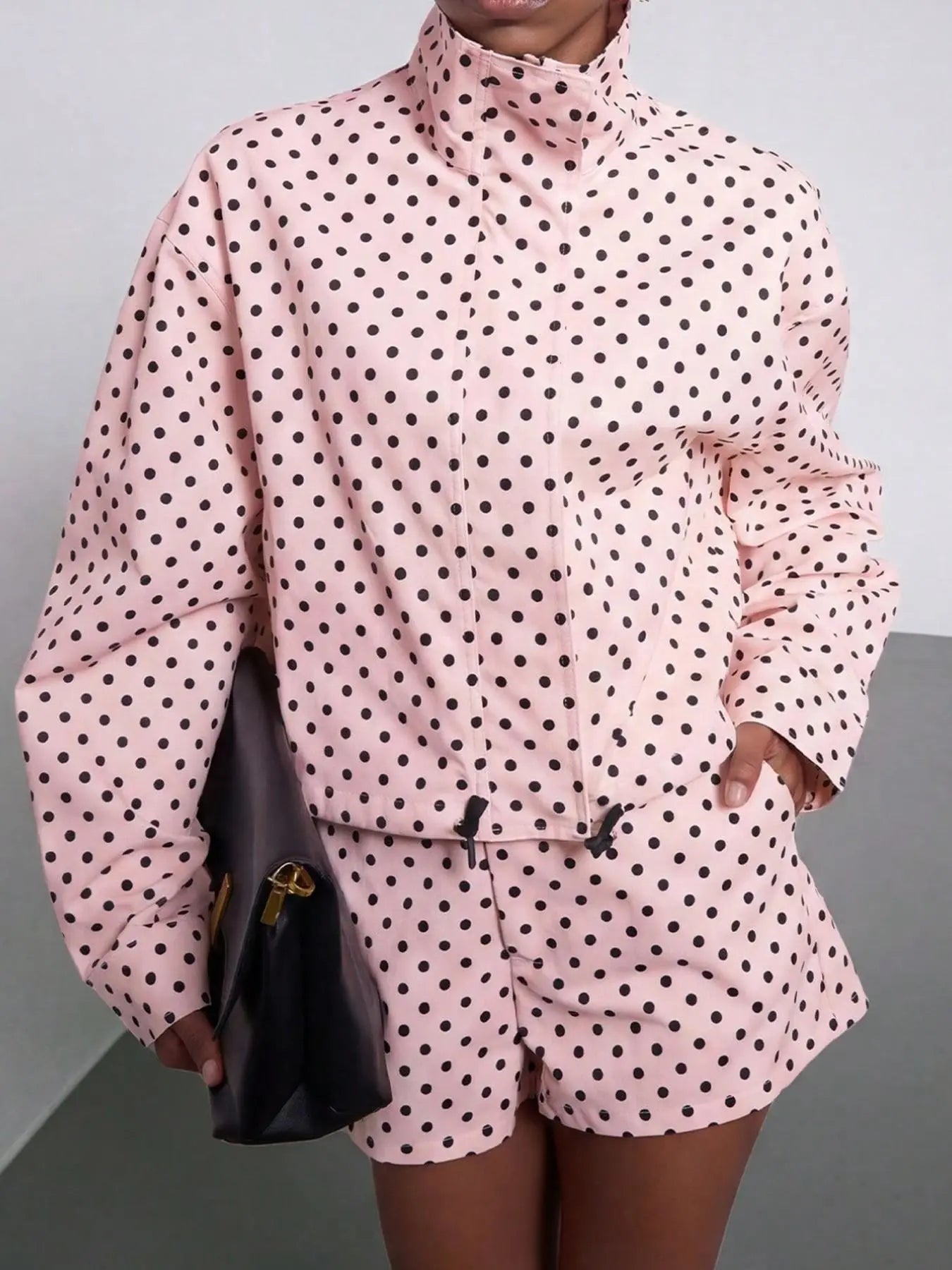 Women's Spring/Fall European Style Two-Piece Button Front Suit, Stand Collar Vintage Polka Dot Long Sleeve Blazer & Shorts, Pilot Look Outerwear Short Suits Top