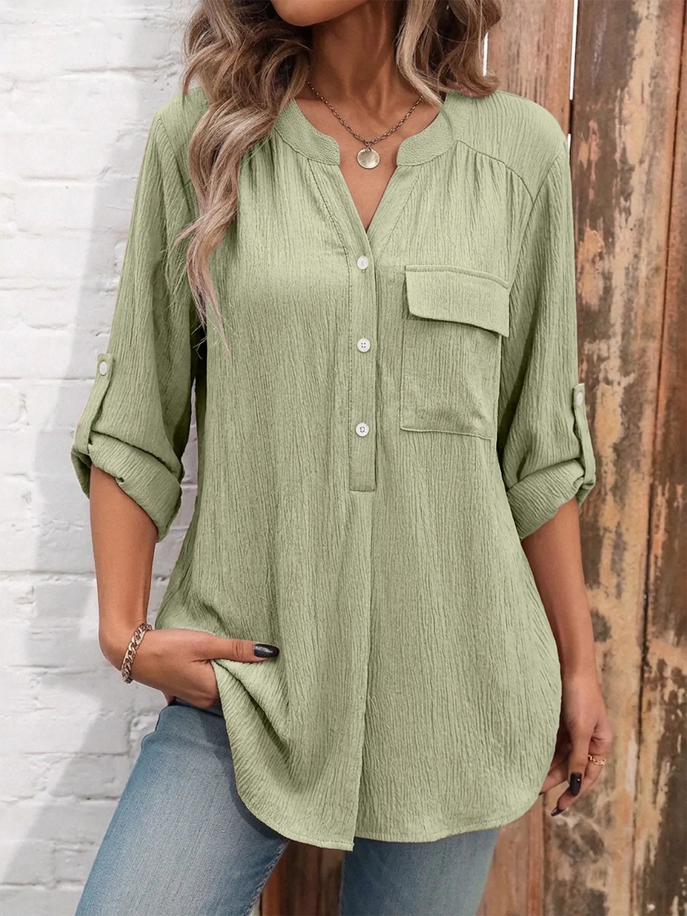 Lune Plus Size V Neck Shirt Blouse with Pockets, Casual Roll-Up Sleeve Design, Comfortable Daily Wear Top for Women