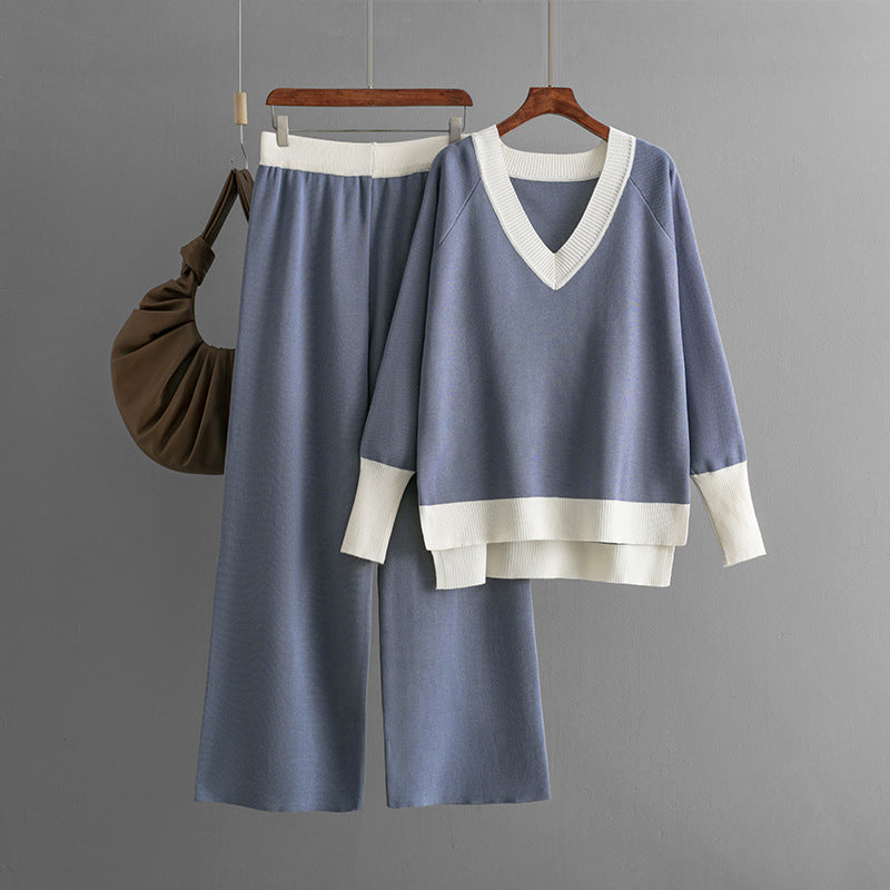 Casual V-Neck Contrast Top & Wide-Leg Pants Two-Piece Set