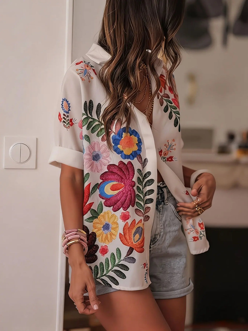 Plus Size Floral Print Oversized Shirt Casual Roll-Sleeve Loose Fit Blouse Tops, Y2K Clothes Summer Daily Wear, Trendy Boho Shirts, Boho Fashion Shirt, Relaxed Fit Casual, Stylish Vibrant Embroidery Detail, Womenswear, Boho Style Shirt