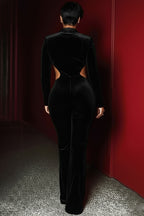 Notched Lapel Long Sleeve Cut Out Slim Fit Jumpsuit-Black