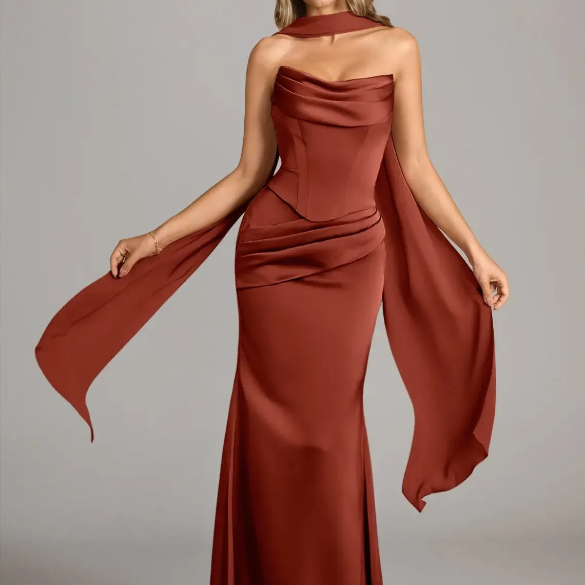 Azazie Sorrel Corset Lace-up Mermaid Wedding Guest Evening Luminous Satin Maxi Dress Minimalist
