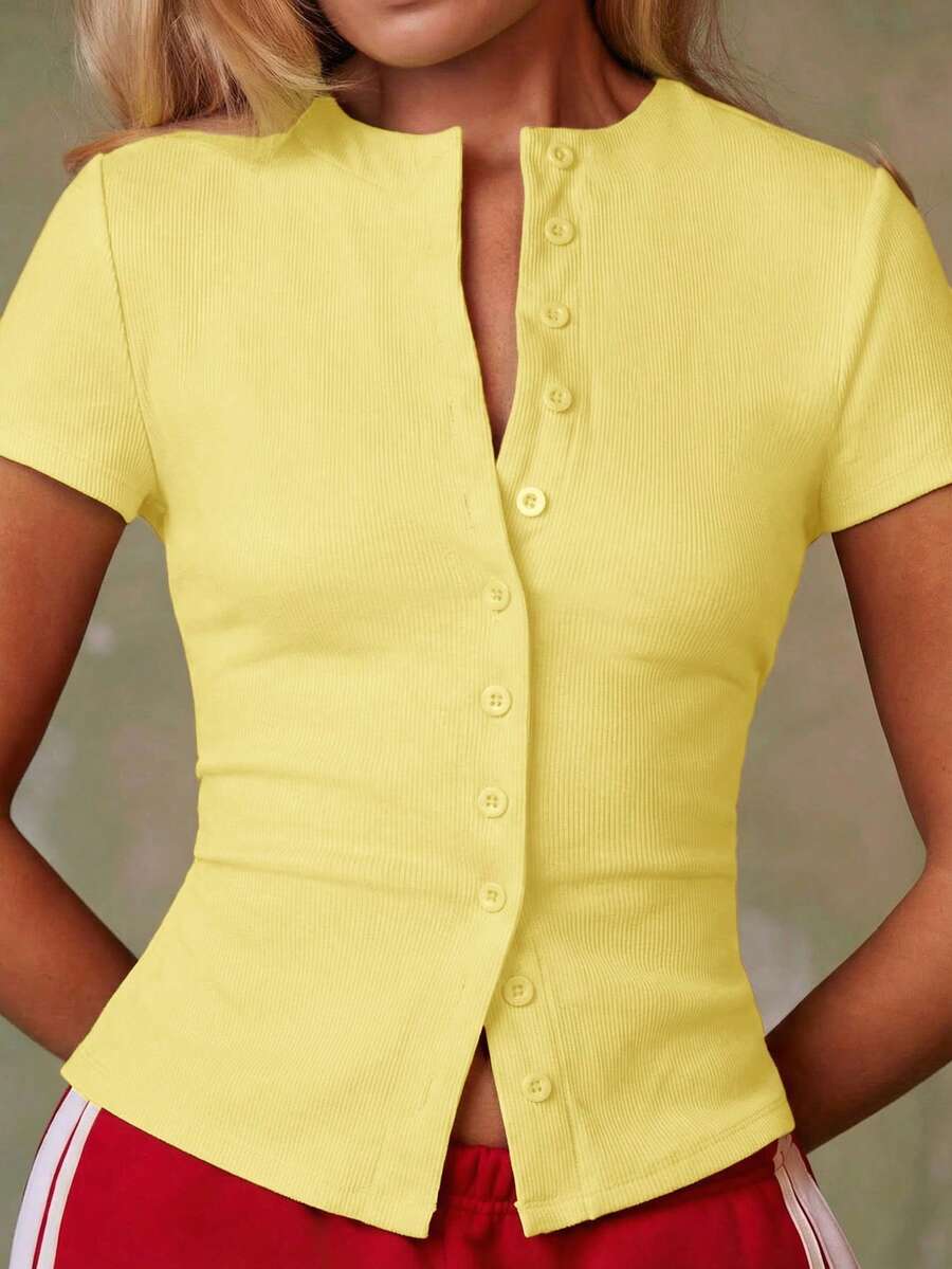 Women's Casual Red Single-Breasted Short Sleeve Fitted Top,Red Top,Christmas, Cute Vacation,Resort Wear,Summer Holiday,Spring,Spring Break,Beach