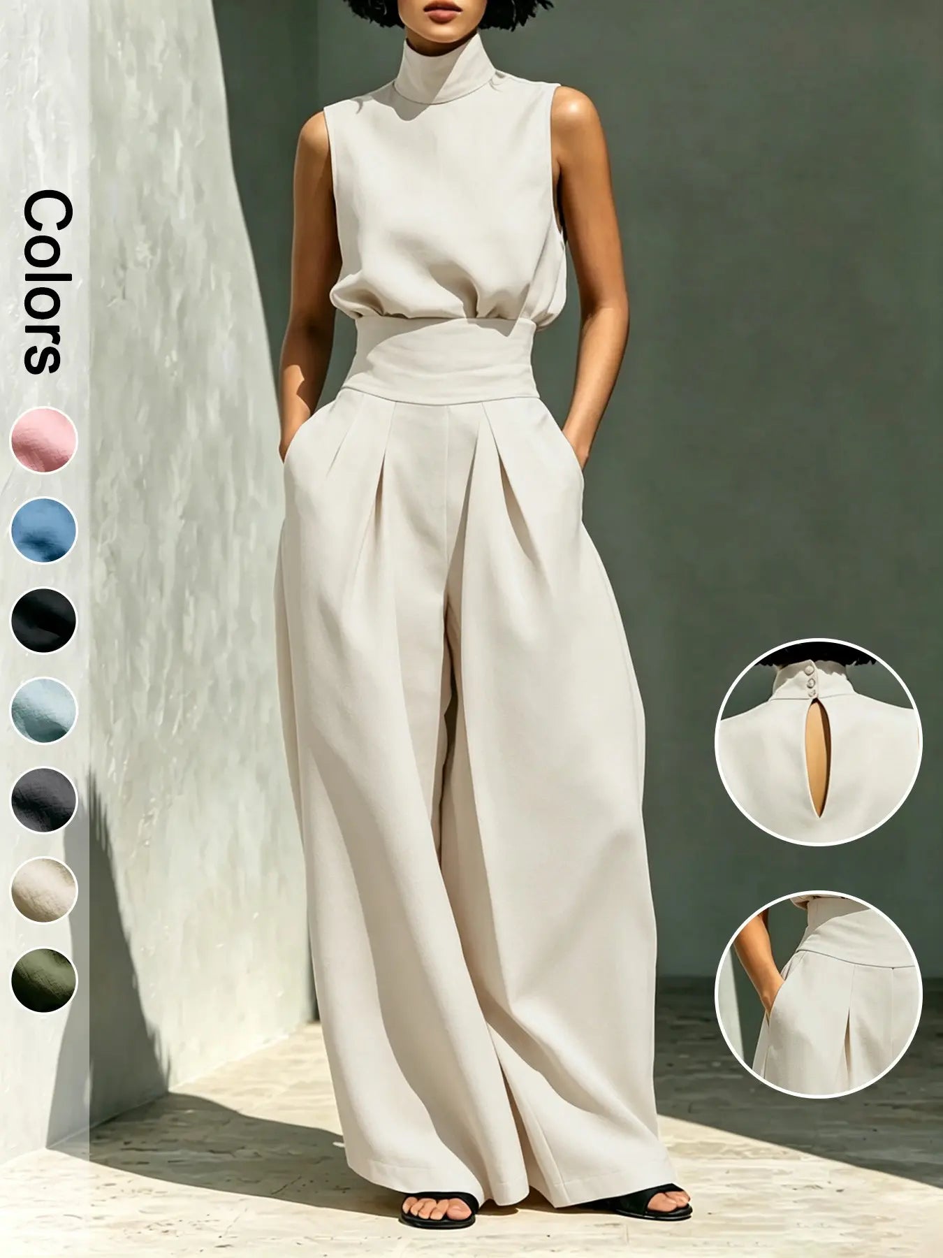 Women's High-Neck Sleeveless Top and High-Waist Wide-Leg Pants Two-Piece Set, Elegant Chic Formal Outfit for Fashionable Ladies, Clothes