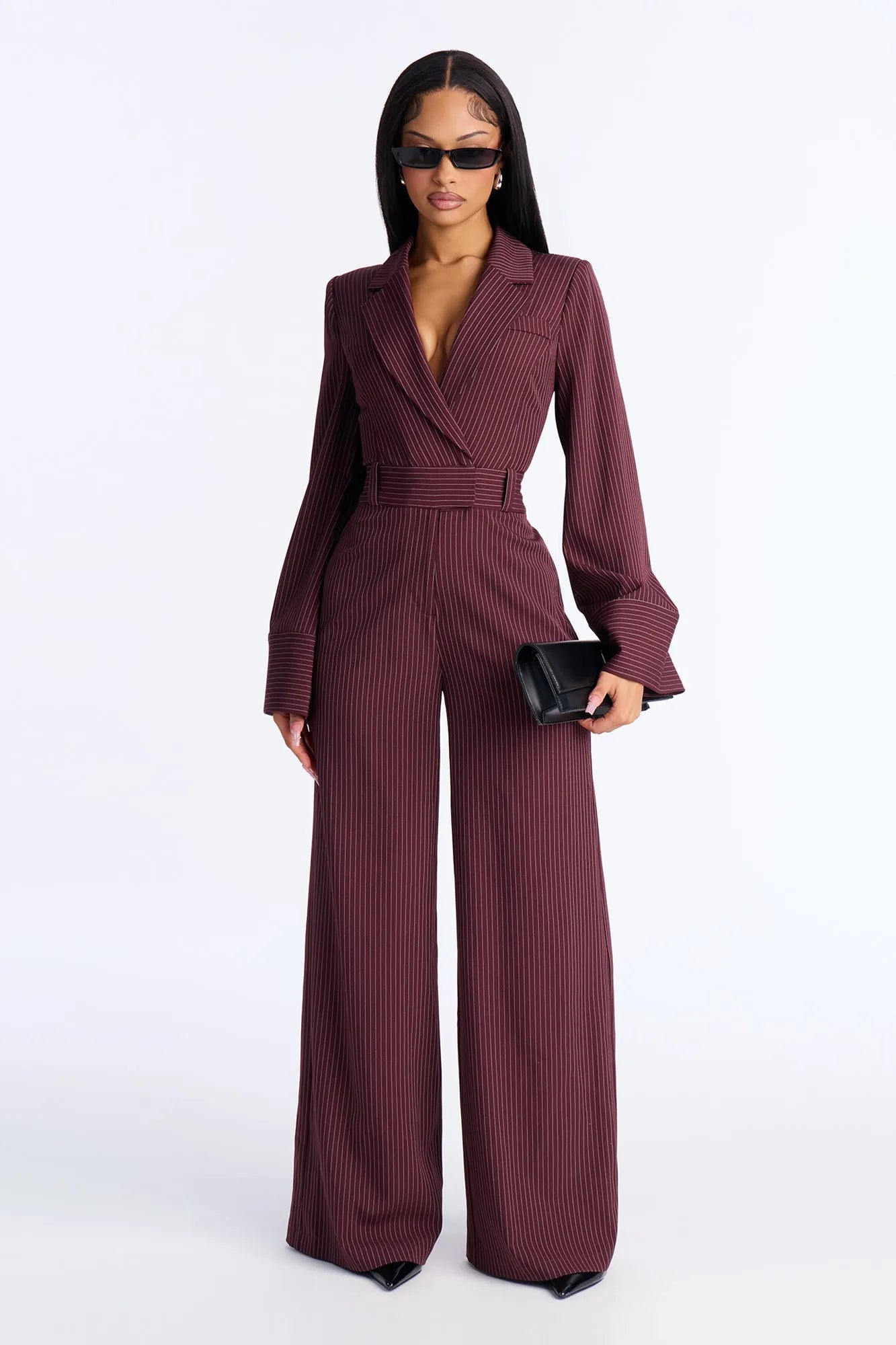 Kylie Blazer Pinstripe Wide Leg Jumpsuit - Black