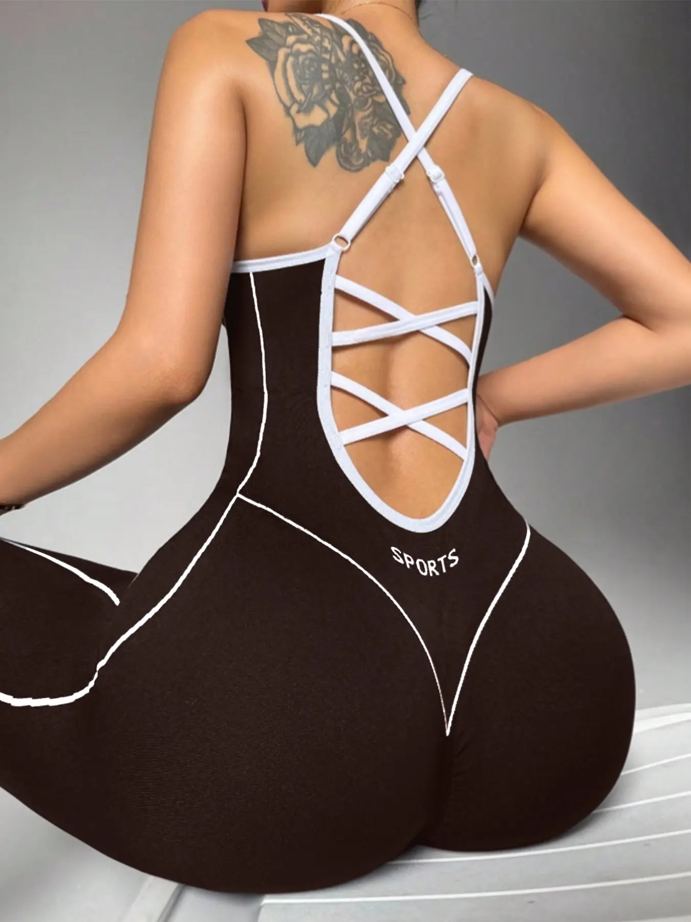 Women's Seamless High Stretch Knit Halter Sporty Jumpsuit Tight Fit Nine-Quarter Pants, Back Cross Shoulder Straps, Outdoor Cycling Gym Yoga Daily Wear