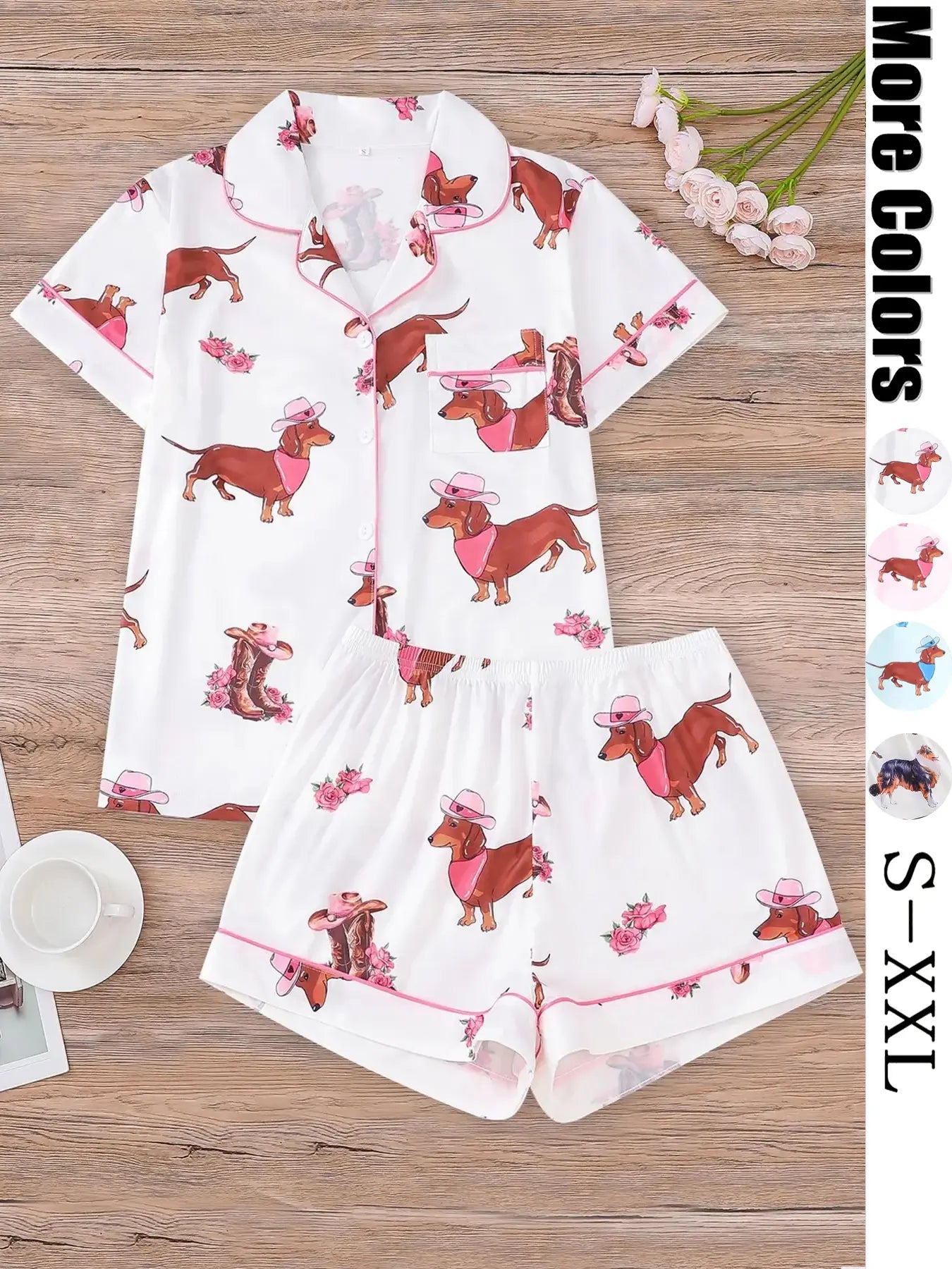 Women's All Over Dachshund Print Shirt & Elastic Waist Shorts Pyjama Two-piece Set