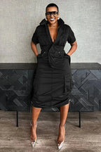 Stand Collar Zipper Drawstring Waist Pocket Midi Dresses-Green