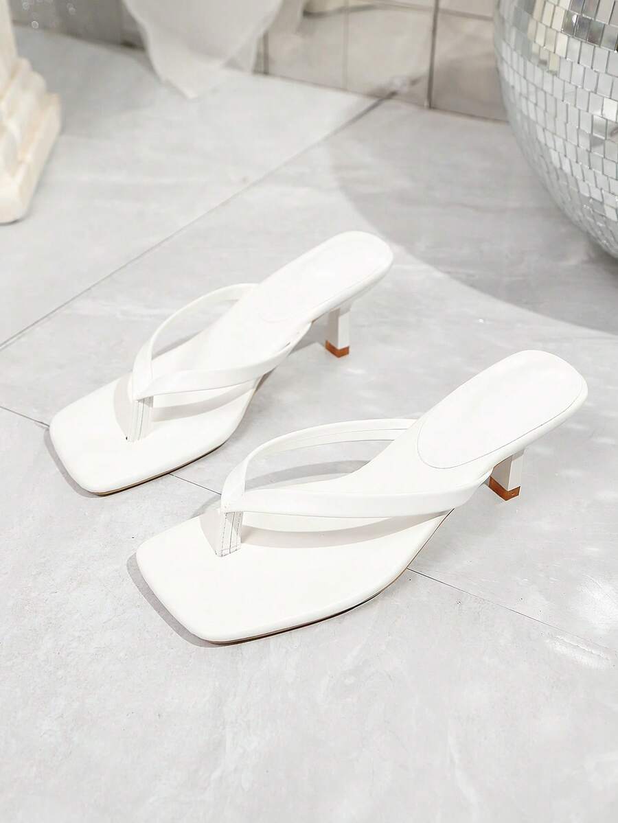 Square Toe Wide Foot Thong Sandals With Thin Heel, Versatile Outdoor Wear Thin Heel Thong Flip Flops For Women, Chic & Elegant