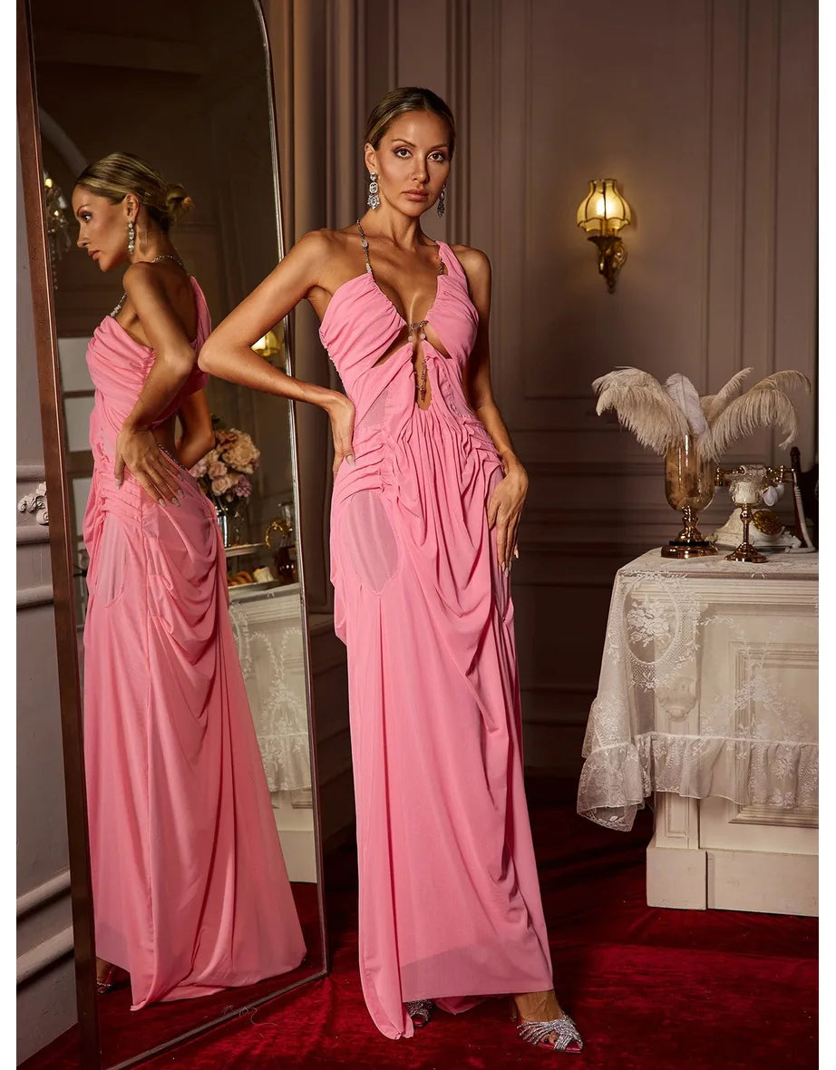 Daiki Halterneck Ruched Maxi Dress In Champagne