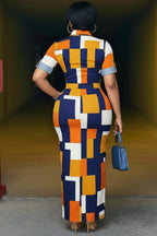 Turndown Collar Short Sleeve Colorblock Maxi Dresses-Multicolor