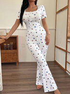 Women's Heart Print Short Sleeve Sleepwear Set, Breathable Fabric, Soft and Comfortable, Indoor Outdoor Wear, Casual Home Clothes Two-Piece Pajama Set Loungewear