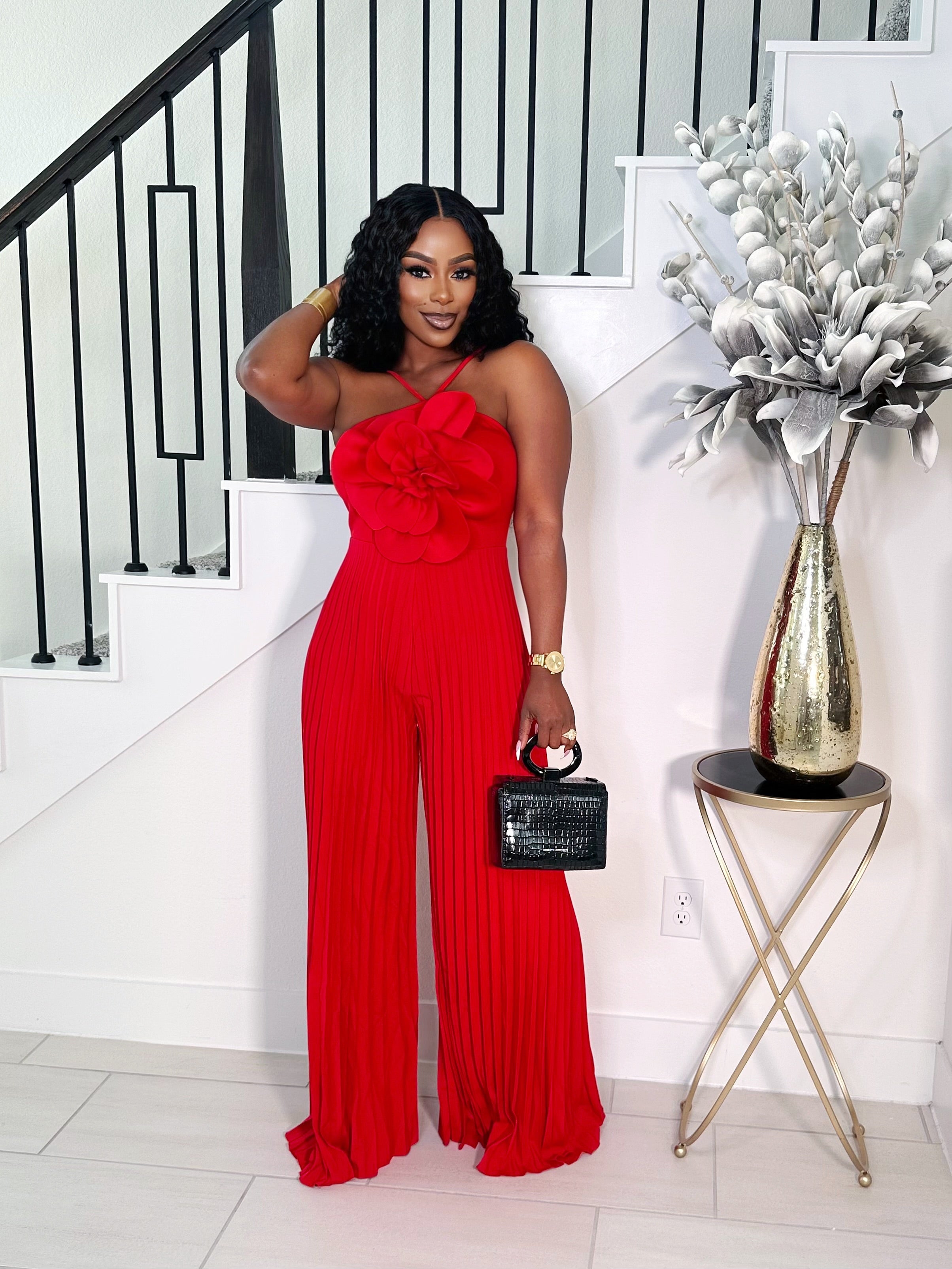 FEELS GOOD 3D FLOWER PLEATED JUMPSUIT (RED)