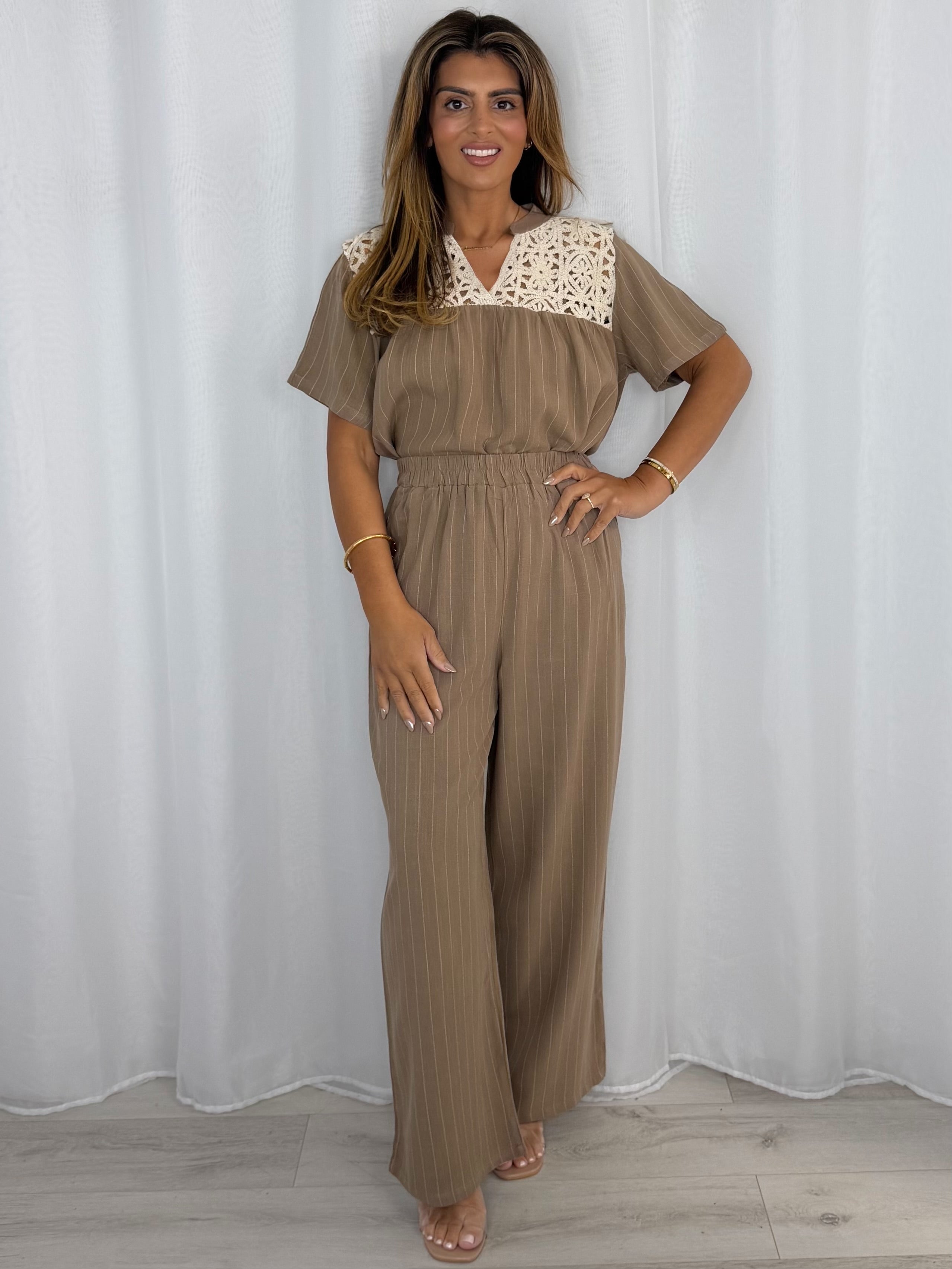 Crochet Detailing Pinstripe Longline Top And Trousers Co-Ord (4 Colours)