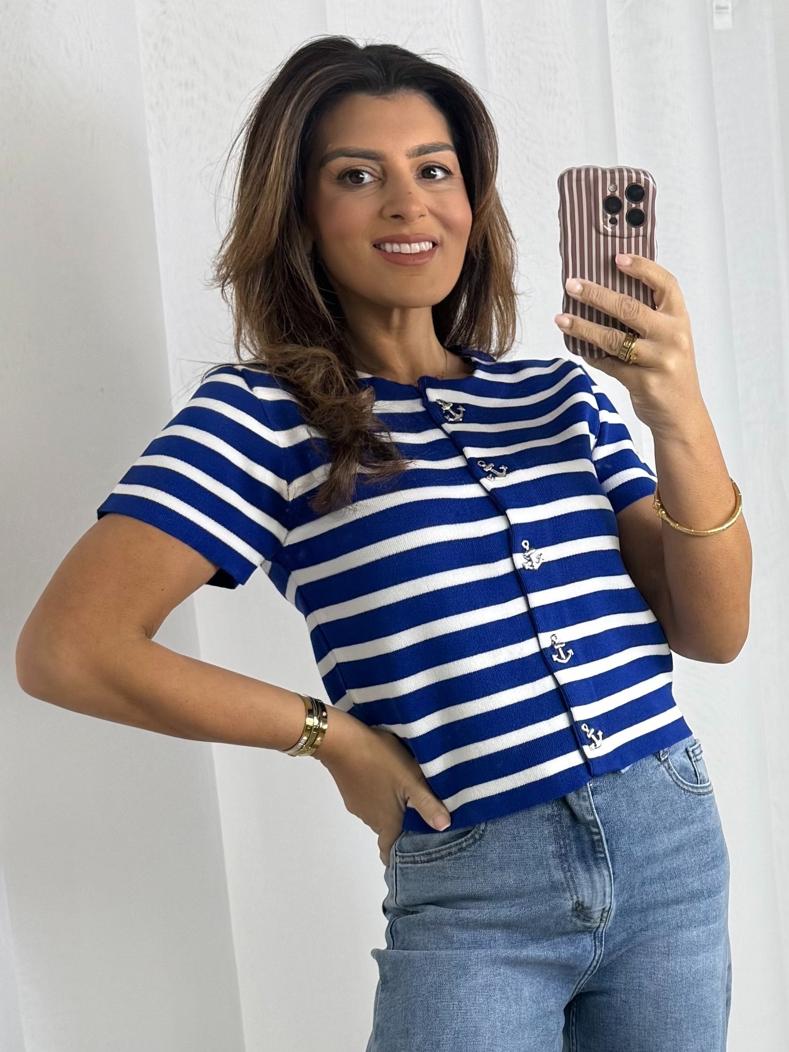 Short Sleeve Stripe Anchor Button Top (2 Colours)