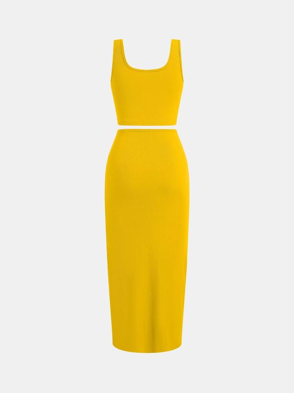 YOZY Solid Ribbed Crop Tank Top & Twist Split Skirt Set, Elegant Square Neck Sleeveless Top & High Waist Bodycon Skirt, 2024 Women's Summer Outfits for Party, Holiday, Vacation