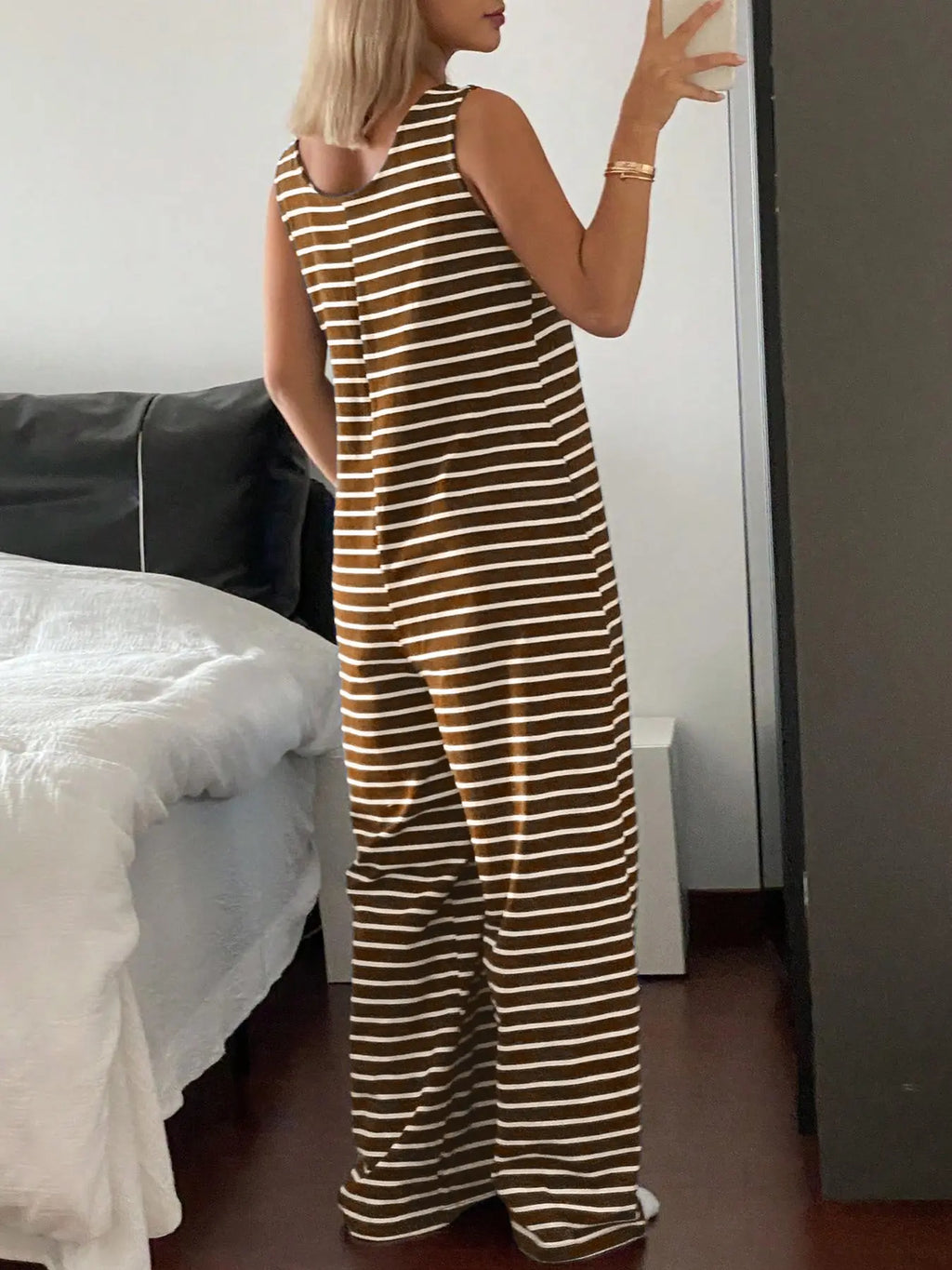 Striped Sleeveless Loose-Fitting Knit Jumpsuit, Casual Overalls, Casual Comfortable One-Piece, Spring & Fall Fashion, Non-Positional Lines Design, Casual Basic Jumpsuit