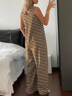 Striped Sleeveless Loose-Fitting Knit Jumpsuit, Casual Overalls, Casual Comfortable One-Piece, Spring & Fall Fashion, Non-Positional Lines Design, Casual Basic Jumpsuit