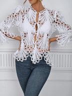 2026 Spring Summer New Women's Blouse, Sexy Asymmetrical Hollow Out Bell Sleeve, Breathable Lightweight Fabric Nightclub Top, Casual Fitted Long Sleeve Shirt, Button Blouse Shirts