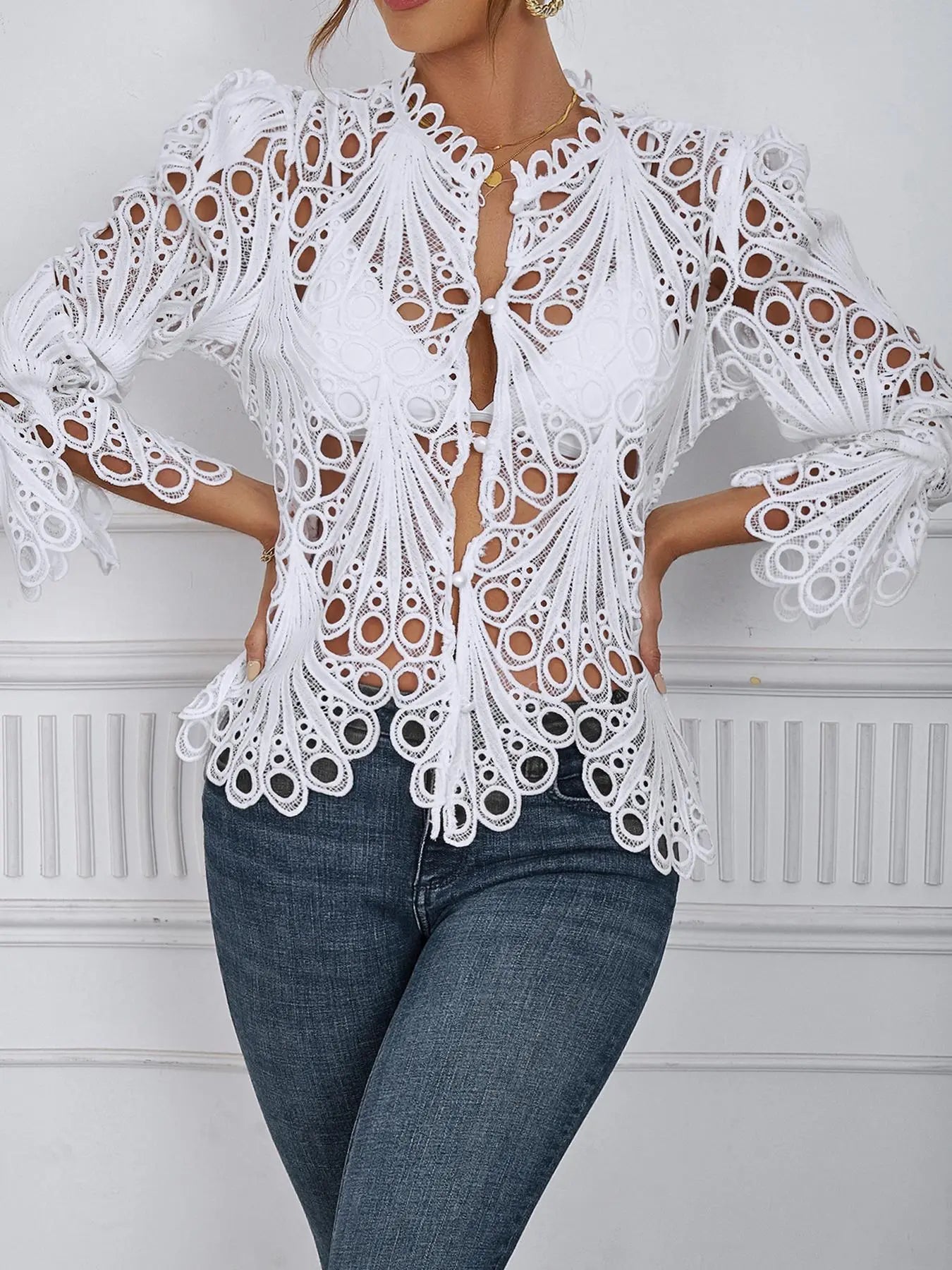 2026 Spring Summer New Women's Blouse, Sexy Asymmetrical Hollow Out Bell Sleeve, Breathable Lightweight Fabric Nightclub Top, Casual Fitted Long Sleeve Shirt, Button Blouse Shirts