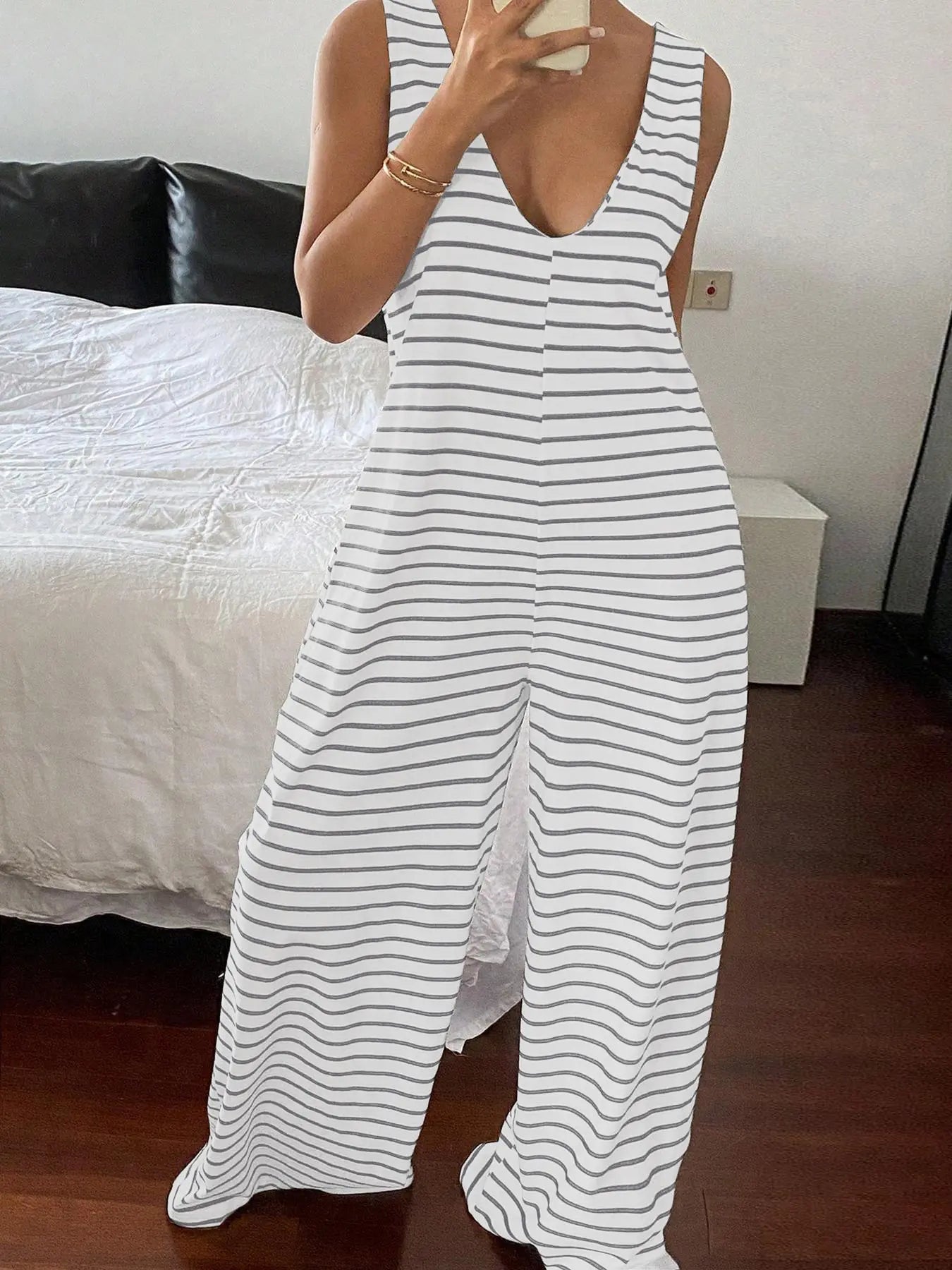 Striped Sleeveless Loose-Fitting Knit Jumpsuit, Casual Overalls, Casual Comfortable One-Piece, Spring & Fall Fashion, Non-Positional Lines Design, Casual Basic Jumpsuit