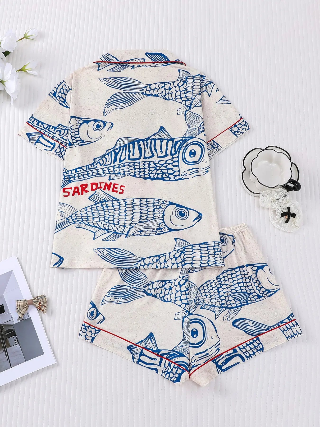 Women's Sleepwear Set, Short Sleeve Button-Up Soft Top & Elastic Shorts