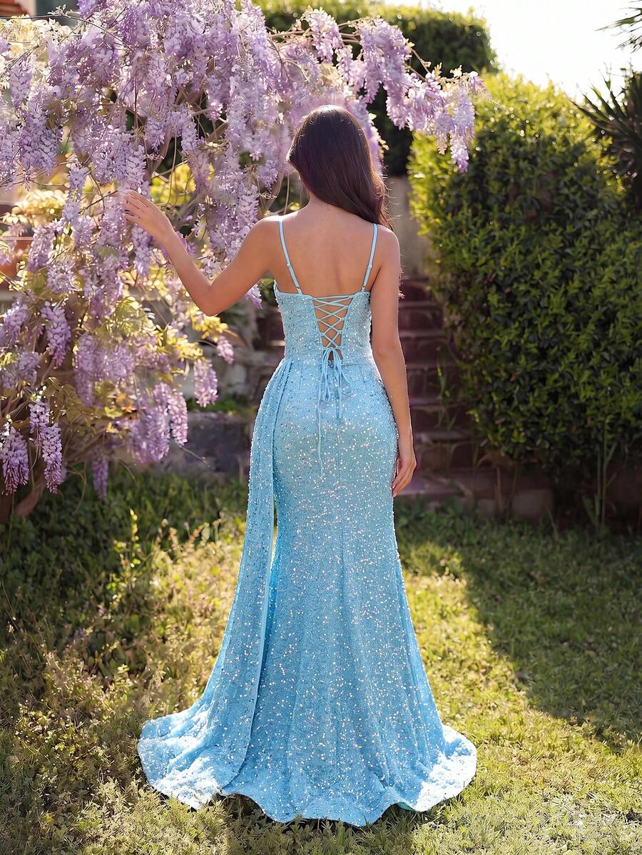 Elegant Sequin Spaghetti Strap Rhinestone Patchwork Fishbone High Waist High Slit Tie Back Open Back Evening Dress Fall