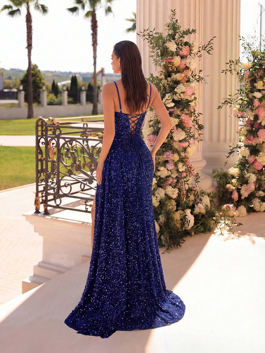 Elegant Sequin Spaghetti Strap Rhinestone Patchwork Fishbone High Waist High Slit Tie Back Open Back Evening Dress Fall