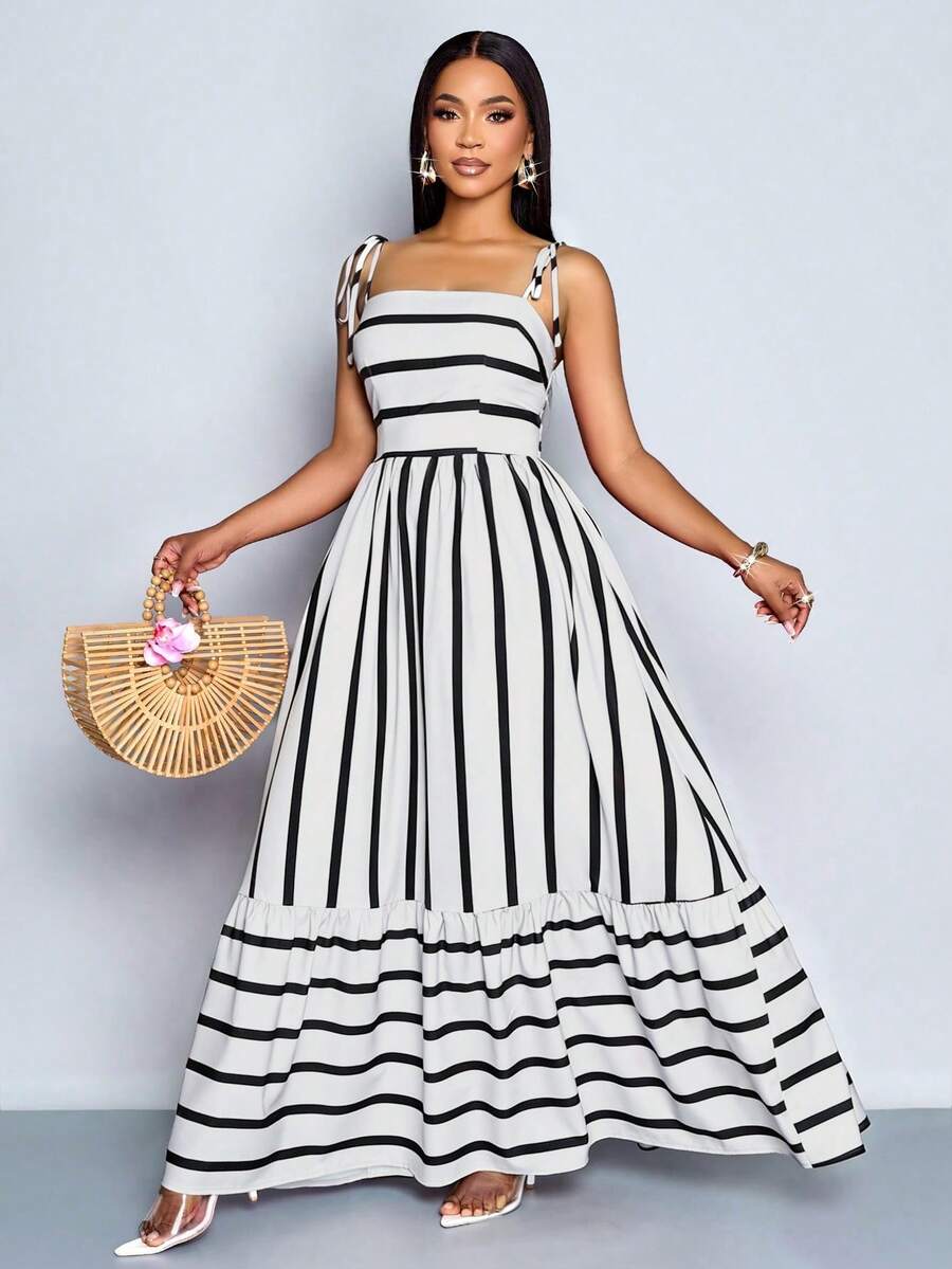 Women's Blue And White Stripe Flowing Maxi Dress,Summer Elegant Holiday Tea Party Holiday,Shoulder Straps Chest Gathering,Beach Casual Gown