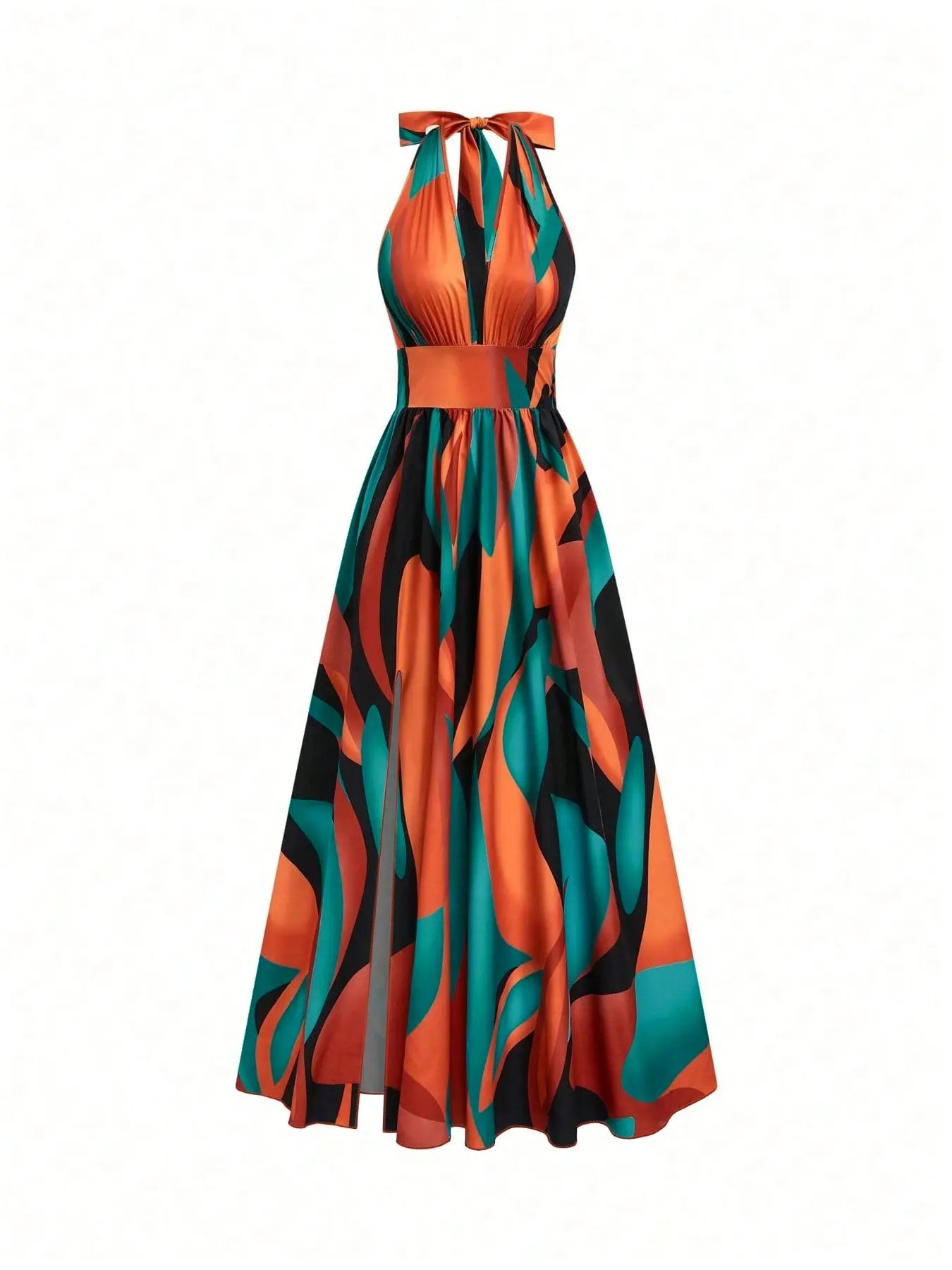 All Over Print Halter Long Dress with Deep V Neck and Split Hem
