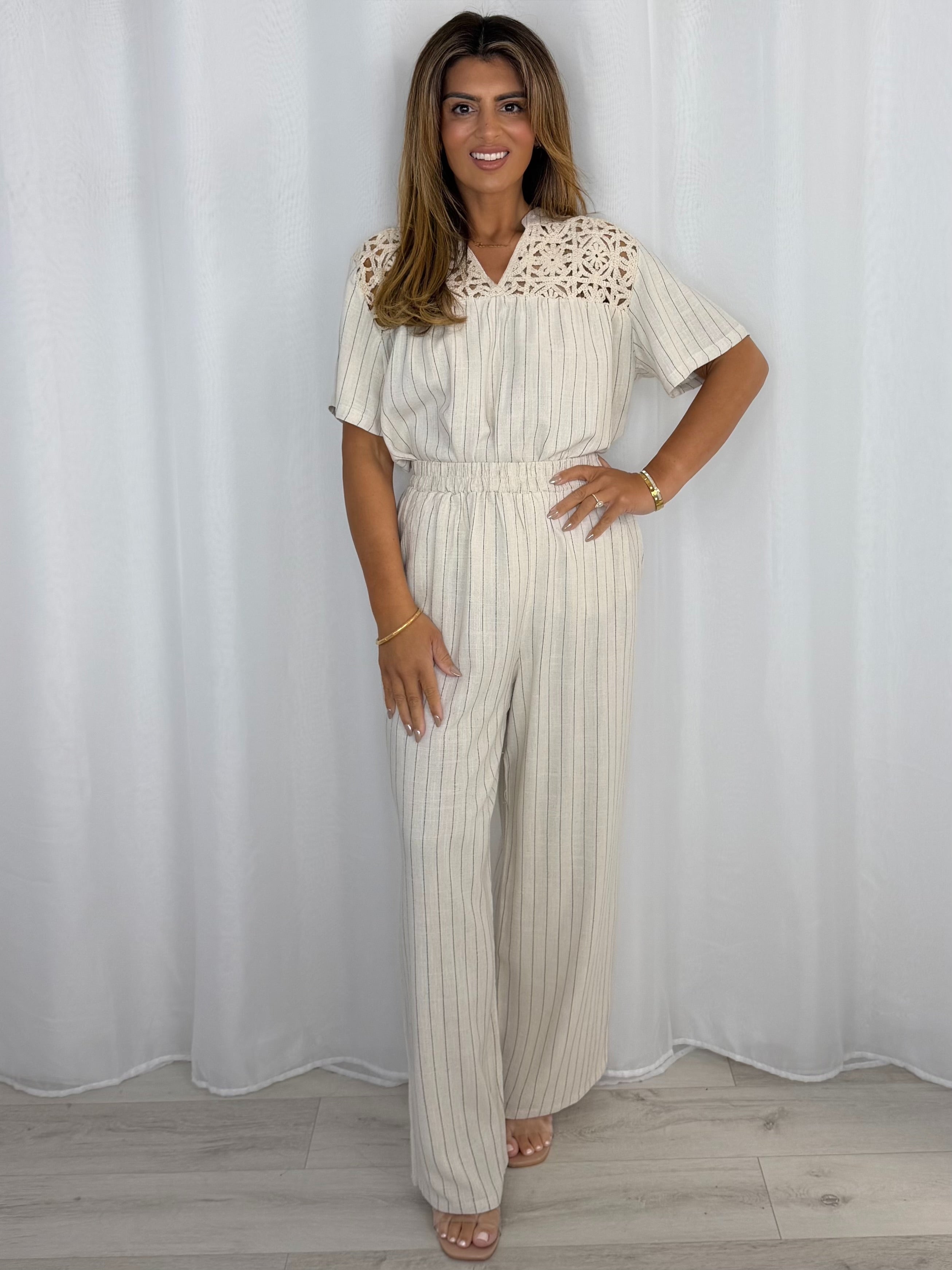 Crochet Detailing Pinstripe Longline Top And Trousers Co-Ord (4 Colours)