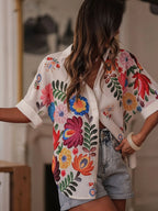 Plus Size Floral Print Oversized Shirt Casual Roll-Sleeve Loose Fit Blouse Tops, Y2K Clothes Summer Daily Wear, Trendy Boho Shirts, Boho Fashion Shirt, Relaxed Fit Casual, Stylish Vibrant Embroidery Detail, Womenswear, Boho Style Shirt