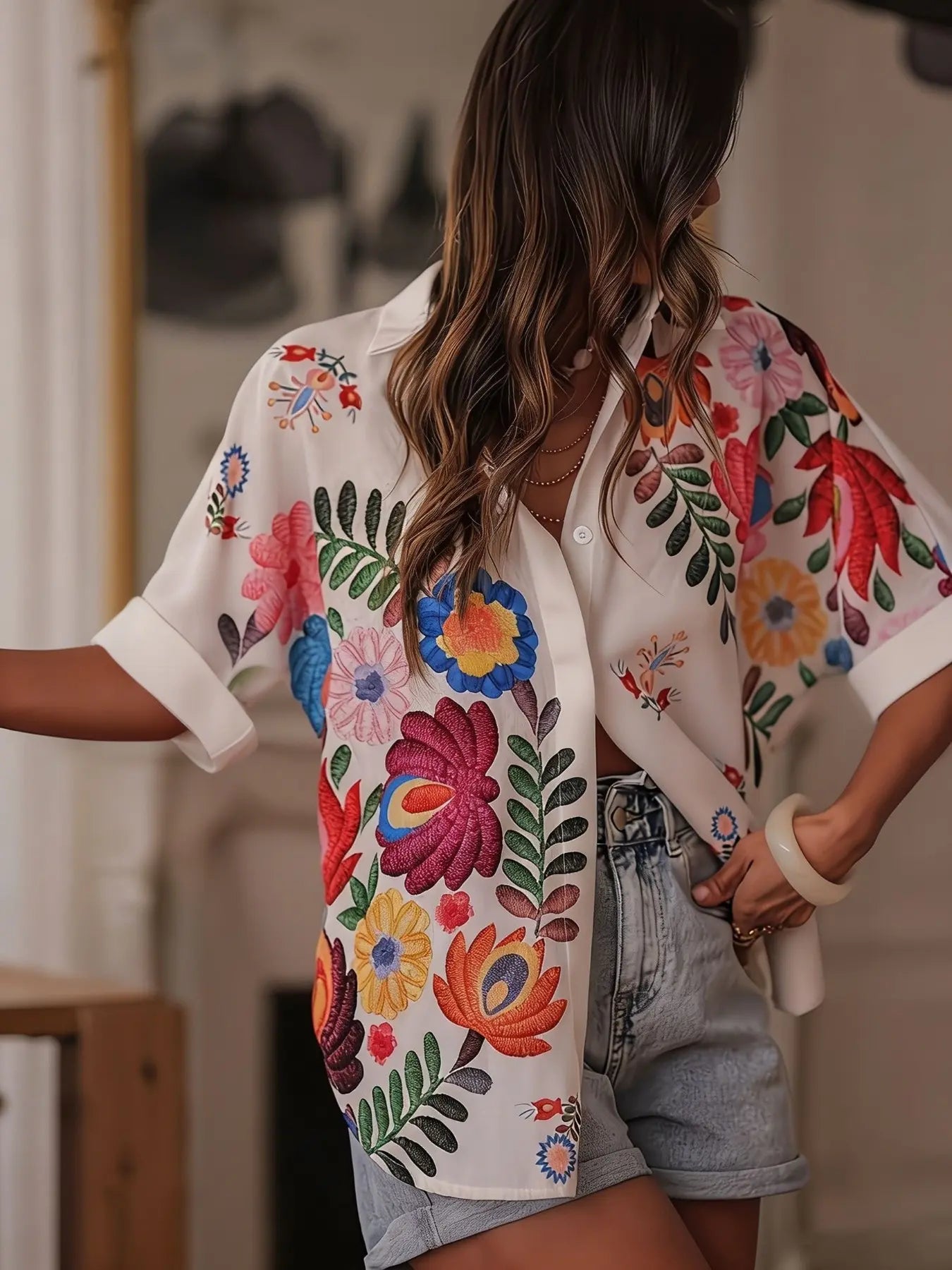 Plus Size Floral Print Oversized Shirt Casual Roll-Sleeve Loose Fit Blouse Tops, Y2K Clothes Summer Daily Wear, Trendy Boho Shirts, Boho Fashion Shirt, Relaxed Fit Casual, Stylish Vibrant Embroidery Detail, Womenswear, Boho Style Shirt