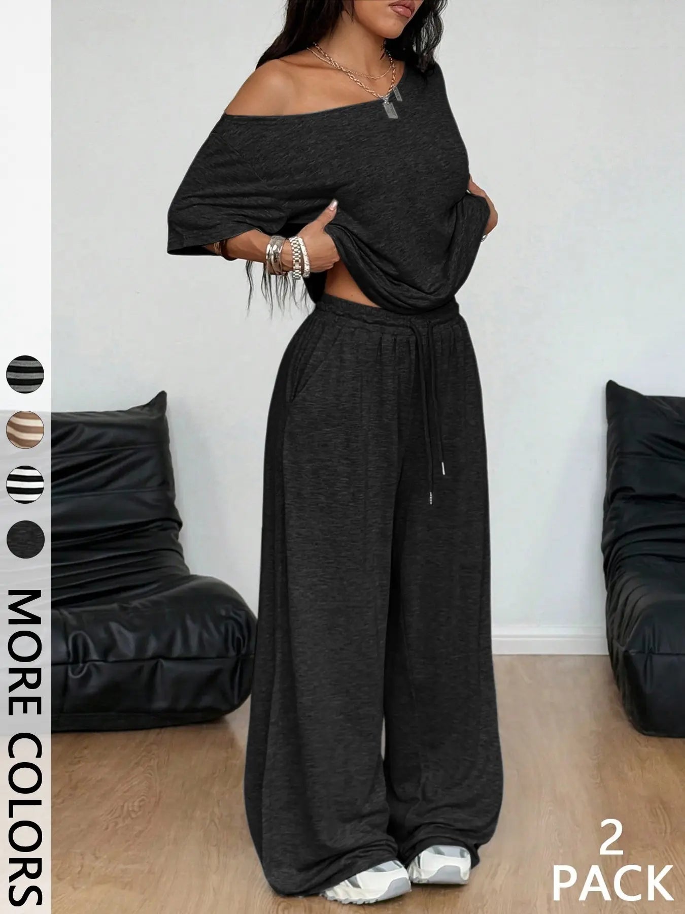 Women's Asymmetrical Neck Relaxed-Fit Striped Knit Top & Pocketed Wide Leg Pants Set, Ideal for Casual Meetups, Weekend Lounging and Travel Days, Two-Piece Outfit, Striped Loungewear Set, Comfy Loungewear Set