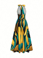 All Over Print Halter Long Dress with Deep V Neck and Split Hem