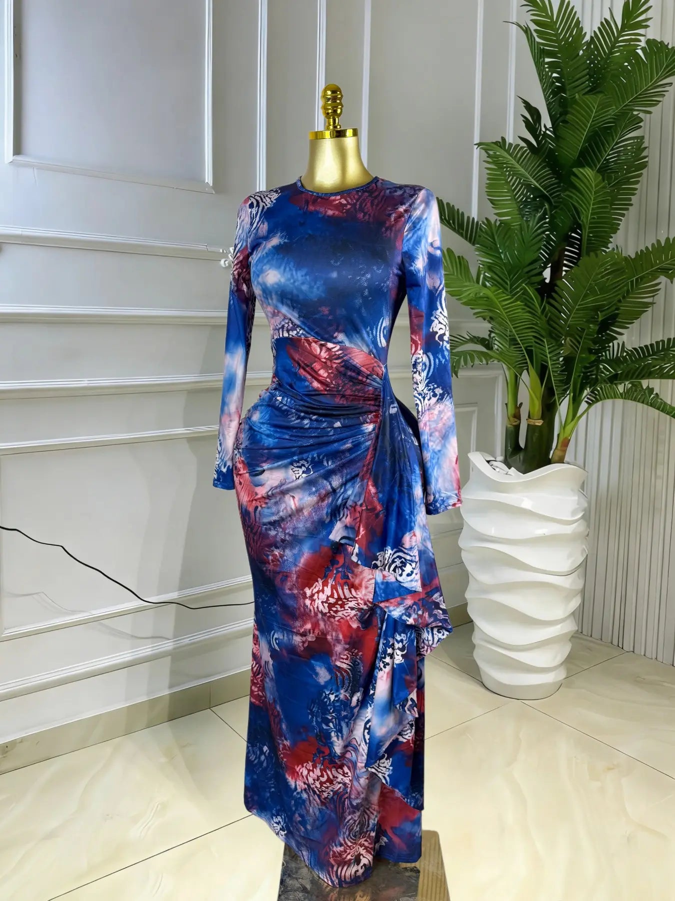 Elegant Feminine Women's Printed O-Neck Long Sleeve Ruffled Satin Belted Long Prom Dress, Club Sexy Evening Party Outfit Gown, Formal Wear, Female Fashion Music Festival Dress,Romantic Lady Skirt,Graduation Season Dress
